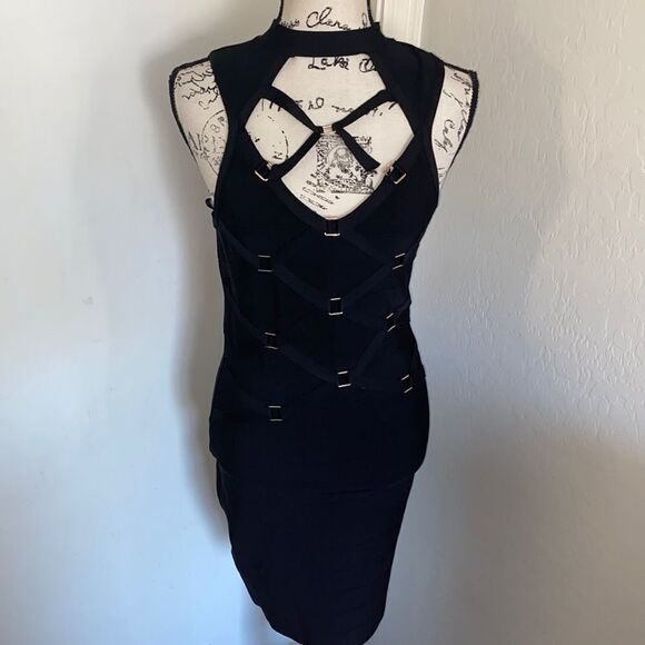 Bebe Black Caged Bandage Dress Feminine Evening Party Event Contemporary - Picture 1 of 12